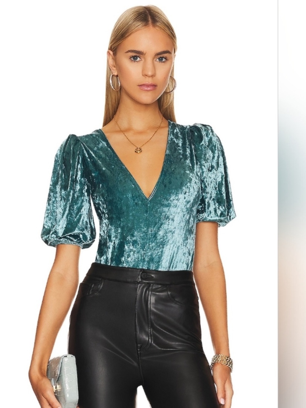 Crushed Velvet V-Neck Puff Sleeve Bodysuit in Teal